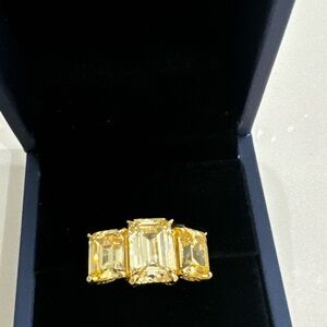 Three Stone Huge Emerald Cut Yellow Citrine & CZ Gorgeous Women Ring ( 6Size )